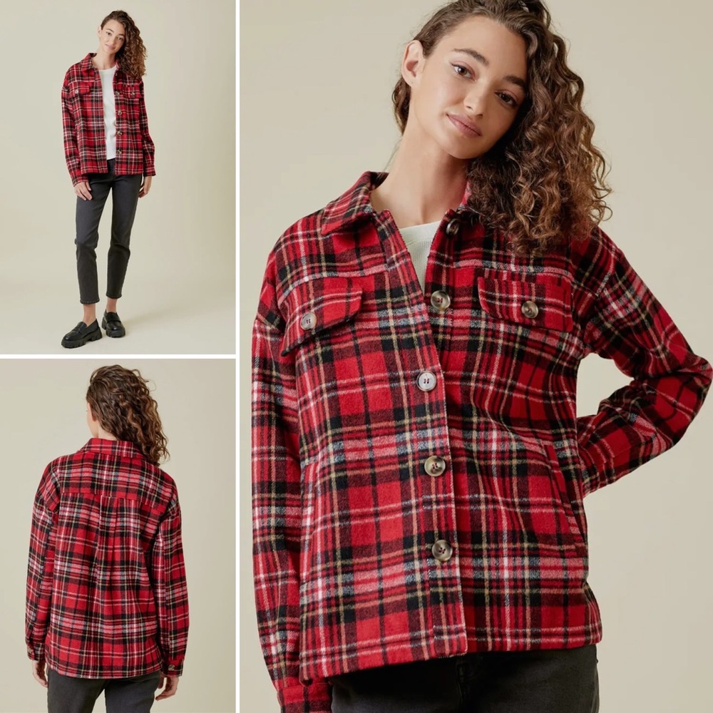 362. Mystree Plaid Shacket W/Pockets Red Black Mix Cabincore Outdoor Jacket NWT